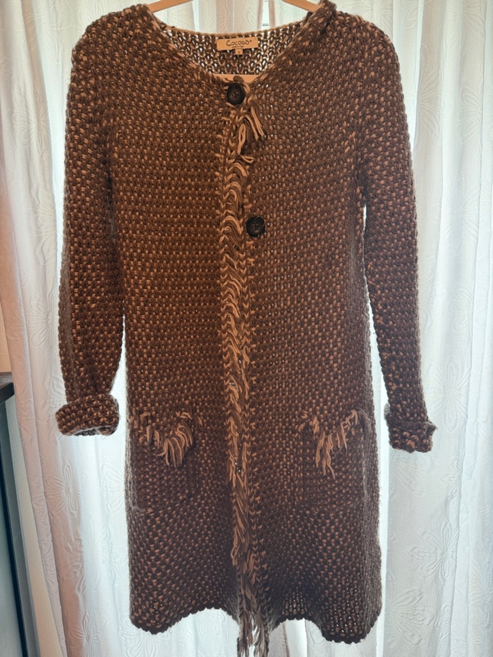 Cocomo Two-Tone Brown Fringe Knit Long Cardigan